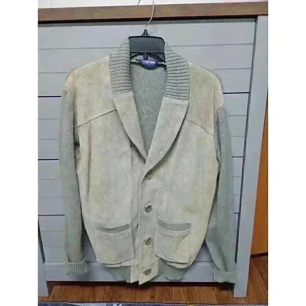 Rare Watchman Leather Trim Sweater Jacket cardigan sz L Nerd Teacher